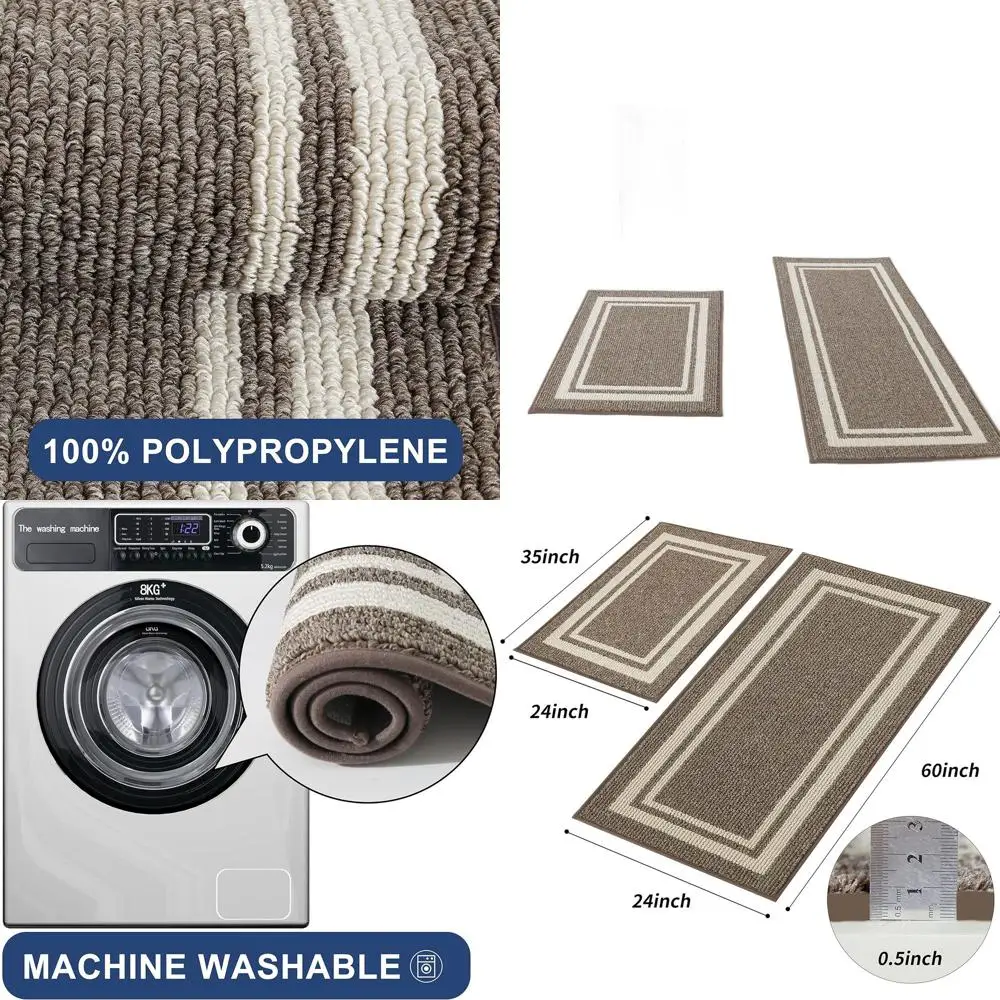 

Anti-Slip Thick Polypropylene Kitchen Rugs, 24x35/24x60 Inches, Machine Washable, Brown Frame