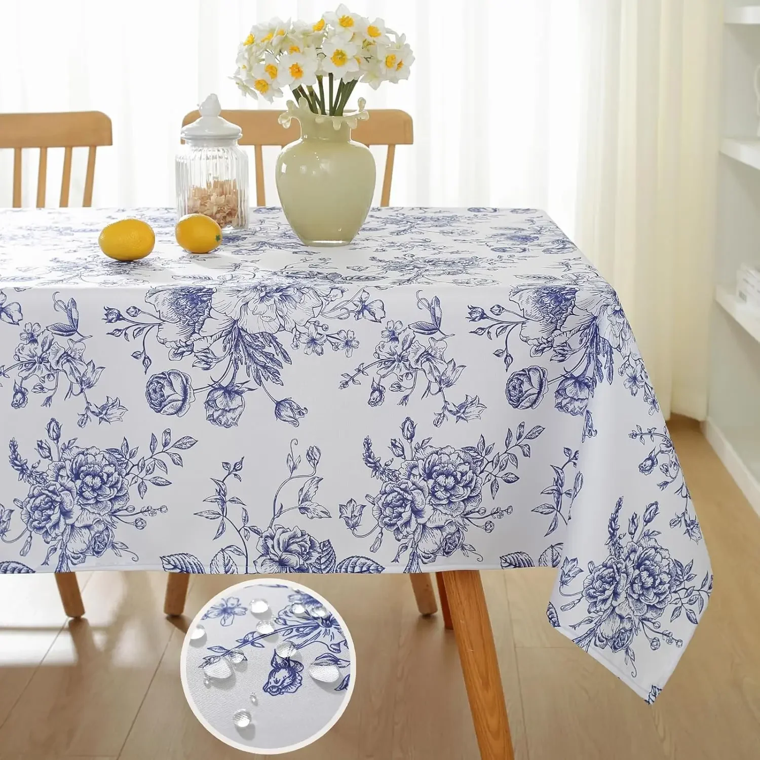 Blue White Floral Printed Rectangle Tablecloths Home Party Decor Reusable Waterproof Table Cloth for Holiday Wedding Table Decor