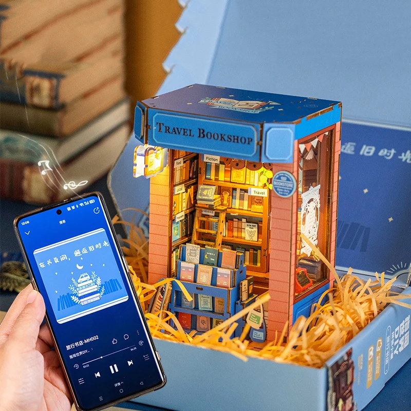 DIY Holz-Buchecke, Regaleinsatz, Reise-Buchhandlung, Buchstütze, Miniatur-Modellbausätze mit Licht für Freunde, Geburtstagsgeschenke