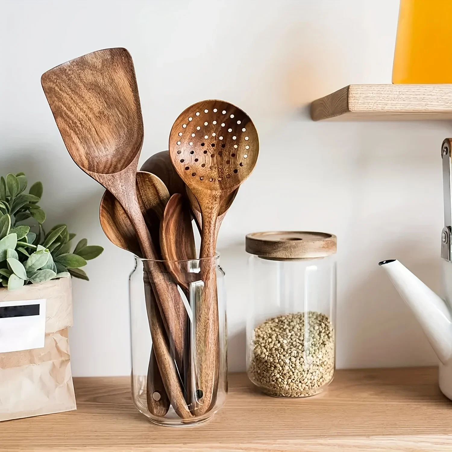 5pcs Wooden Kitchen Utensils Set Natural Spurtle Spatula Spoon Ladle for Non-stick Pan Wok Cooking Tools