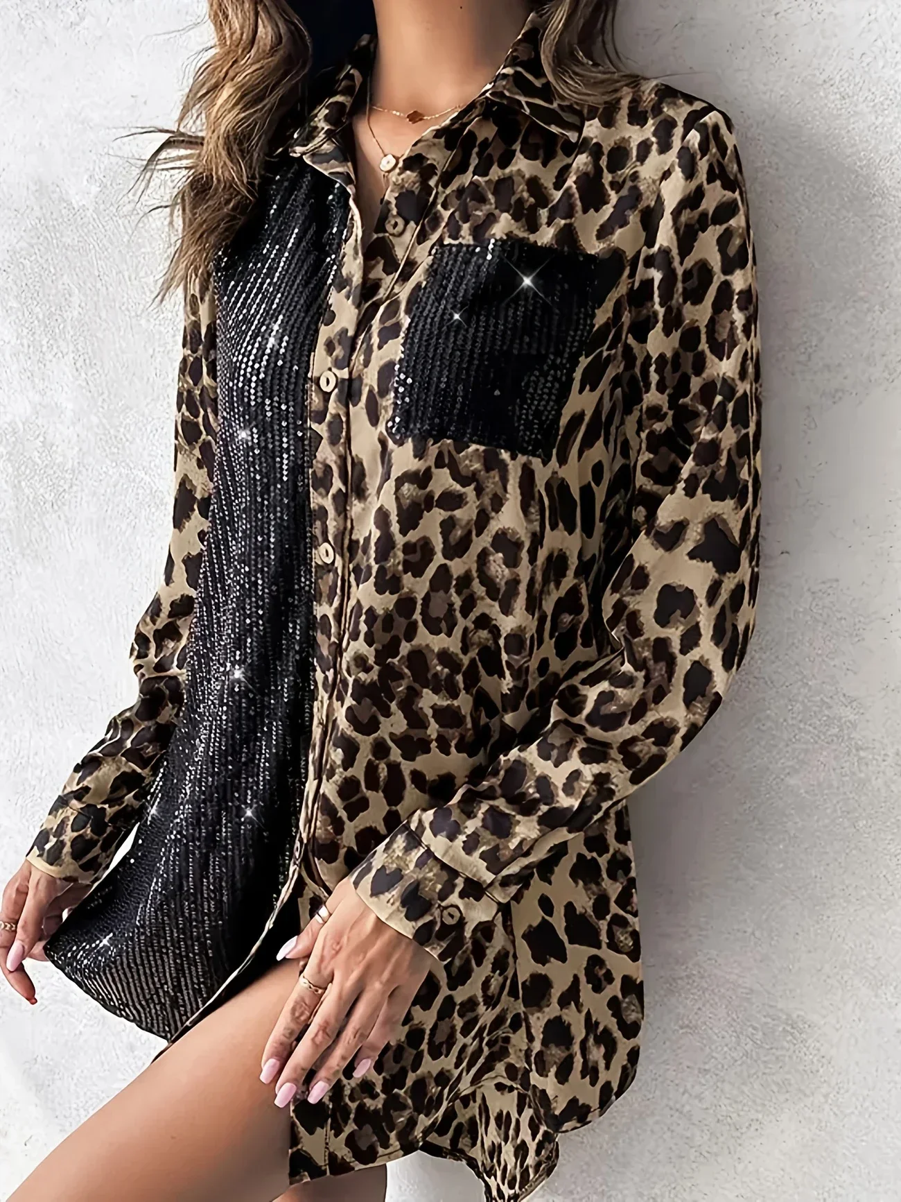 เดรสเชิ้ตแฟชั่นผู้หญิงไซส์ใหญ่ 1XL-5XL แขนยาว ลายเสือดาว แต่งระบายชายกระโปรง