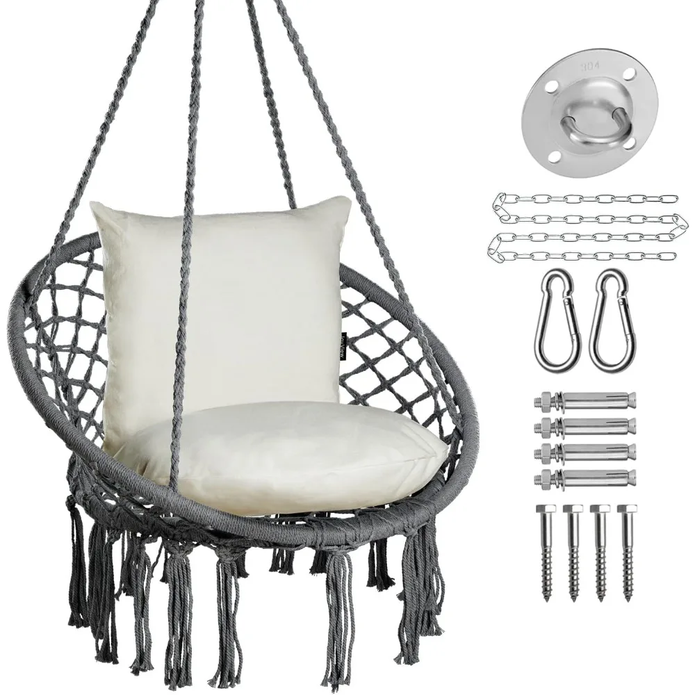 

Macrame Chair Hanging Swing Chair Max 330 Lbs Hammock with 2 Cushions and Hardware Kits Cotton Rope Chair for Indoor Outdo