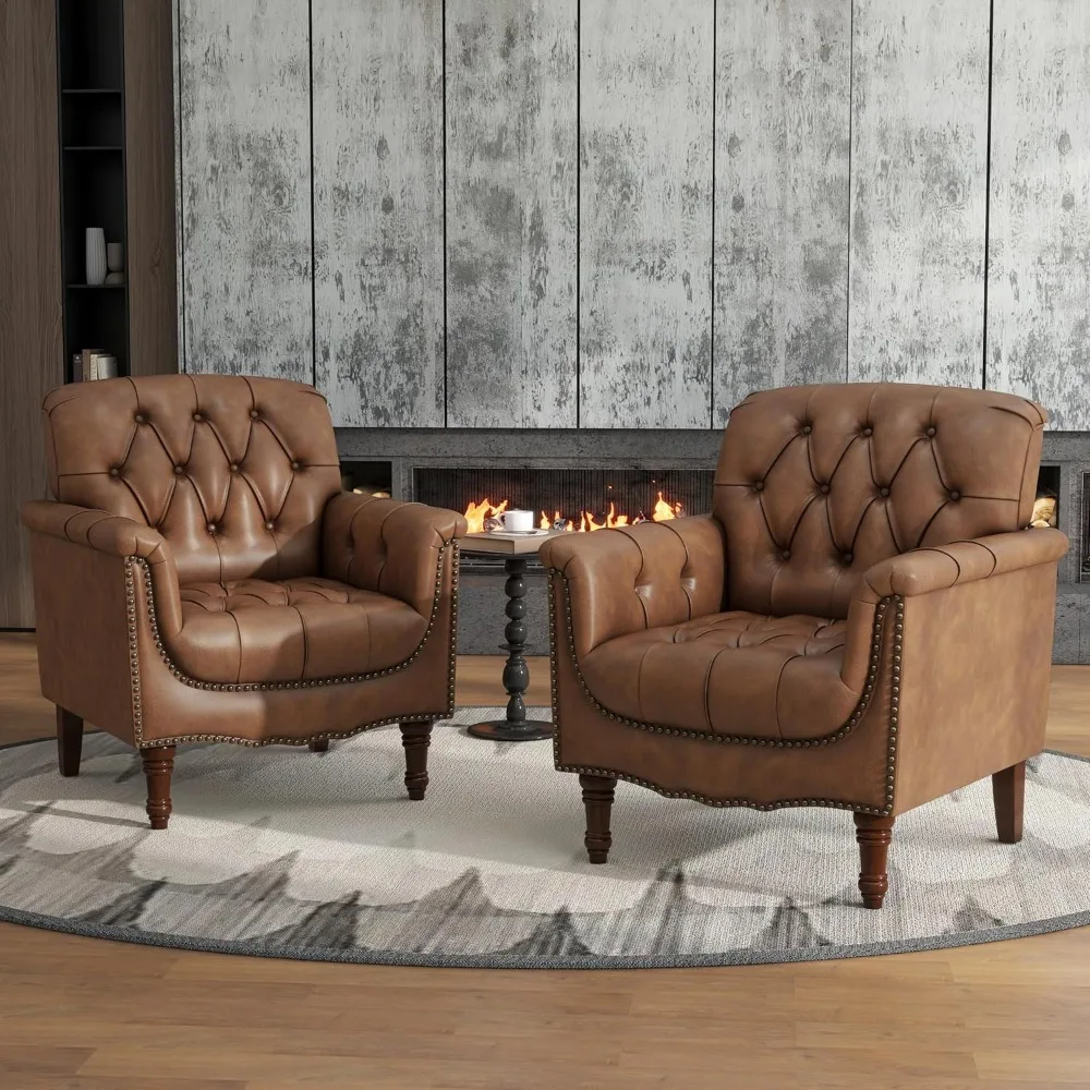 

Набор кресел из искусственной кожи из 2 современных акцентных стульев с отделкой гвоздями и деревянными ножками, удобное кресло с обивкой для