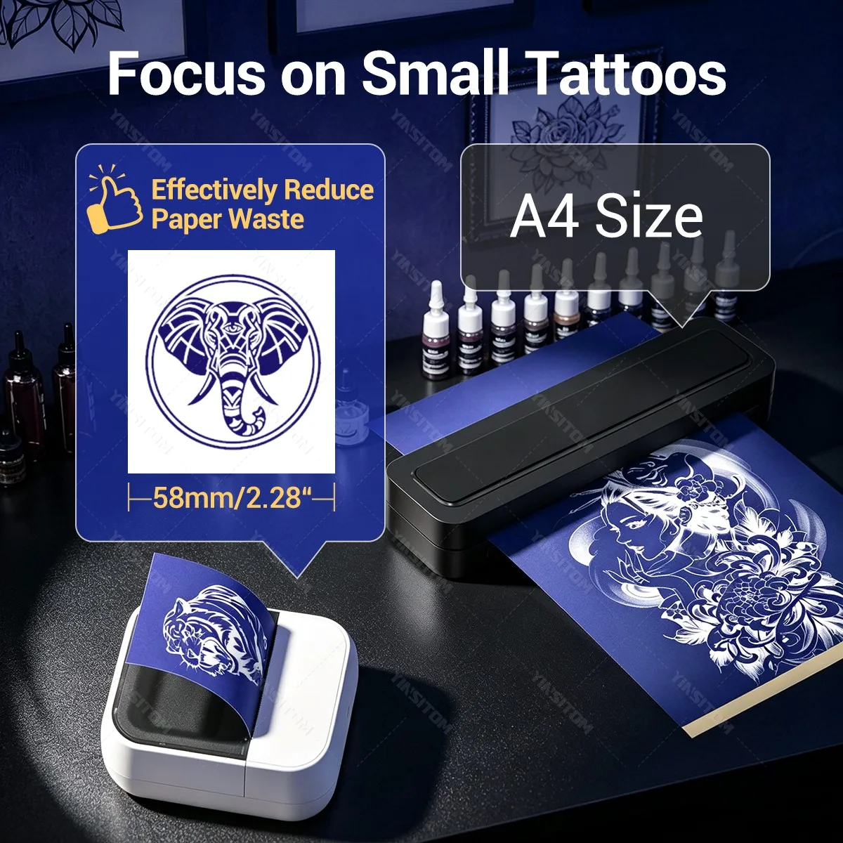 58mm Mini 2inch Tattoo Stencil Thermal Transfer Printer for Beginners Temporary Bluetooth Maker with 0/4/8 Rolls Papers DIY