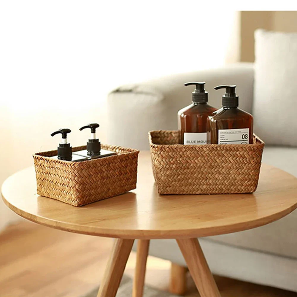 Woven Seagrass Storage Baskets Straw Rattan Basket Desk Organizer Picnic Basket Fruit Storage Box Cosmetic Storage Container