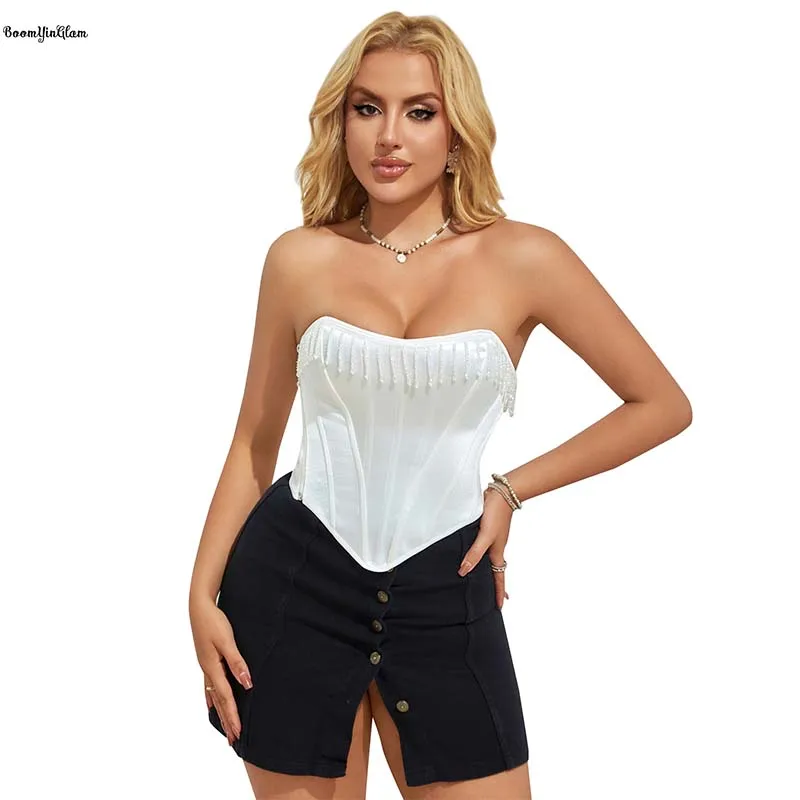 Plus Size S-xxxl White Frill Retro Satin Overbust Cropped Top Zip Up Lace Up Boned Corset With Rhinestone Tassel