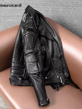 Mauroicardi Spring Autumn Cool Hard Black Pu Leather Motorcycle Biker Jacket Men Belt Zipper Luxury Designer Fashion Clothes 2