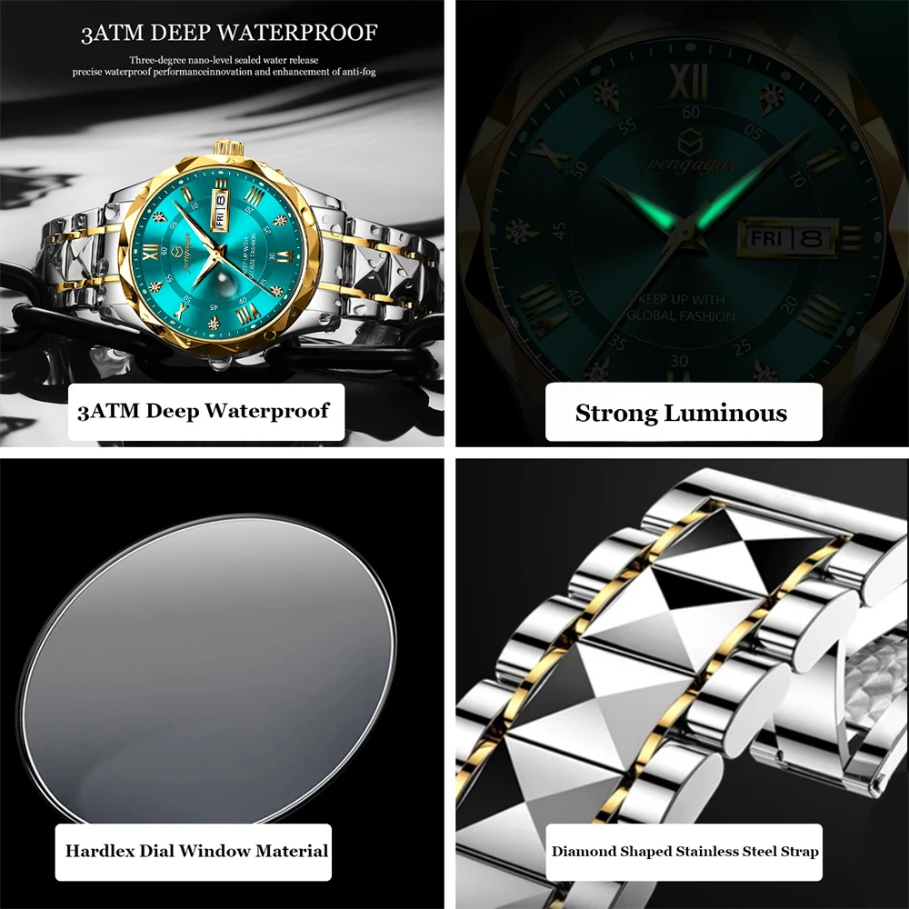 PENGAGAR Luxury Military Man Wristwatch Date Quartz Men Watch Waterproof Luminous Stainless Steel Men\'s Watches Male Reloj+box