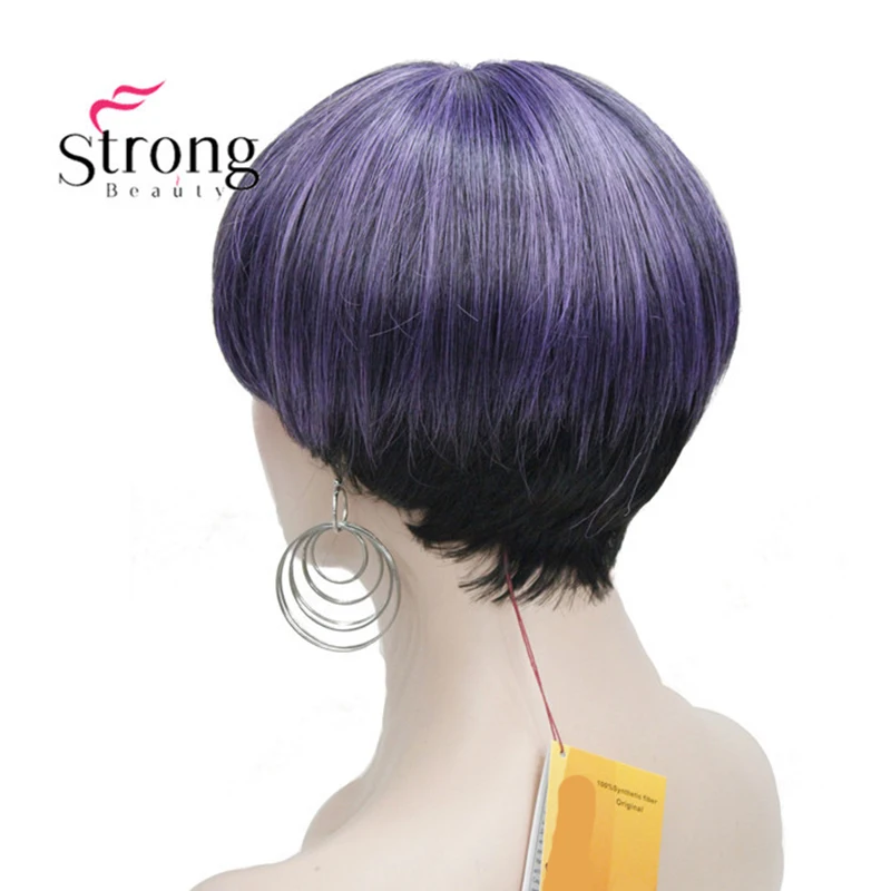 StrongBeauty Short Straight Purple Highlighted Bob with Bangs Synthetic Wig COLOUR CHOICES