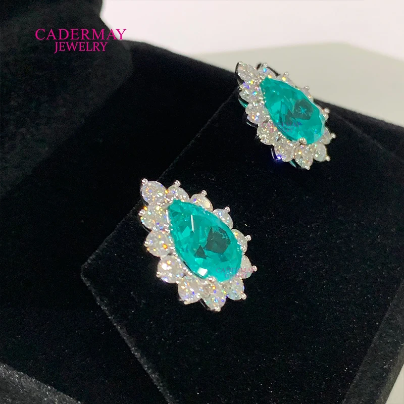 Luxury 925 Silver 8x11mm Pear Shape Synthetic Paraiba YAG Mixed Moissanite Halo Stud Earrings For Women Party Anniversary Gift