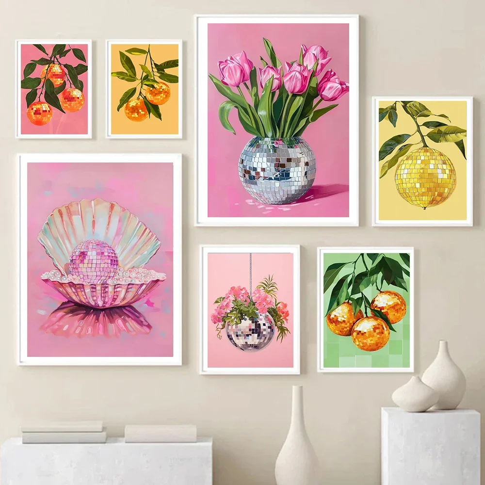 1PC Large-sized frameless canvas paintings,Trendy Fruit Disco Ball Poster Prints For Living Room Pink Tones Minimalism Wall Art