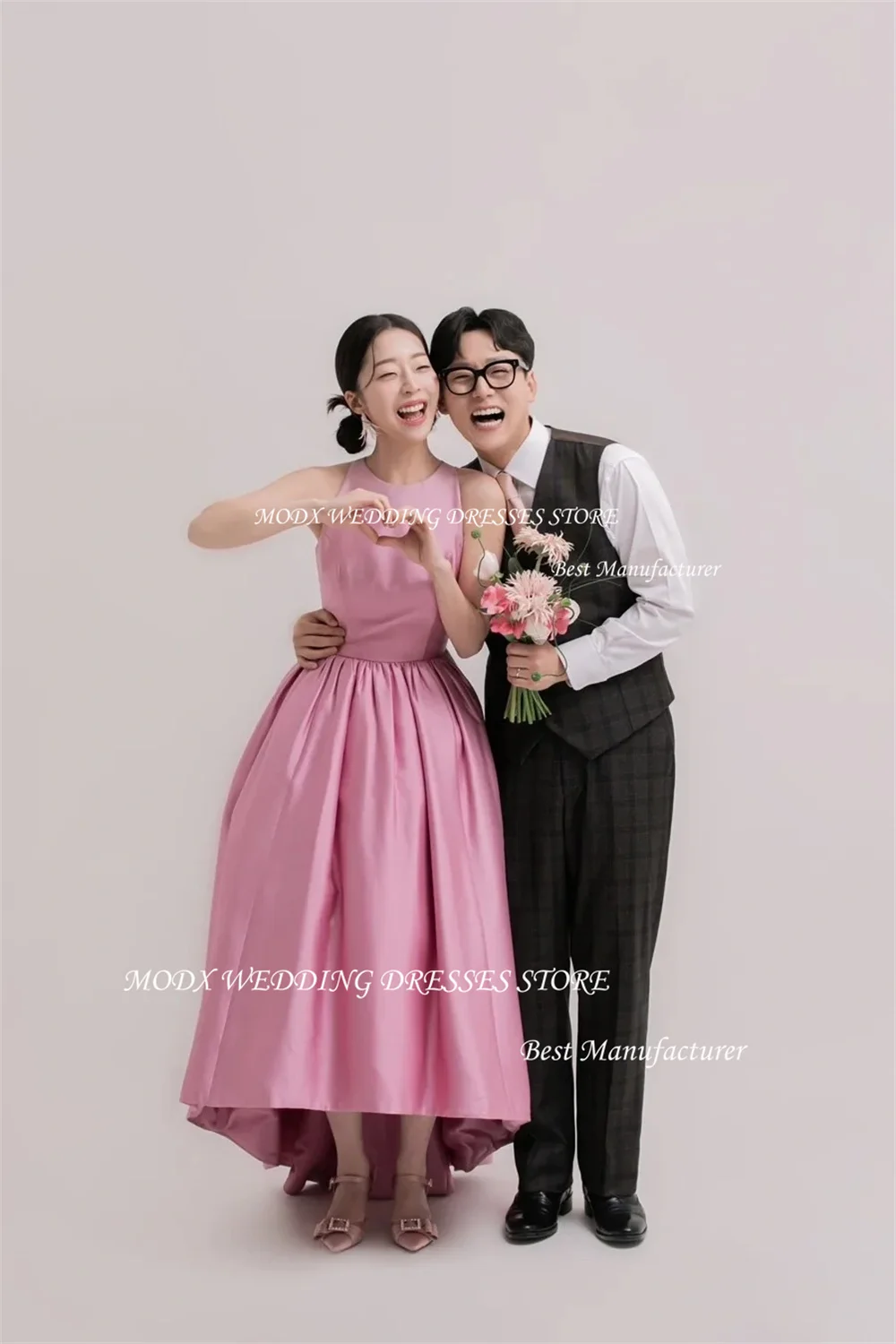 MODX Abito da sposa alto basso in raso colorato da sogno Nuovo design senza maniche A Line Back Lace up Semplici abiti da ballo da sposa