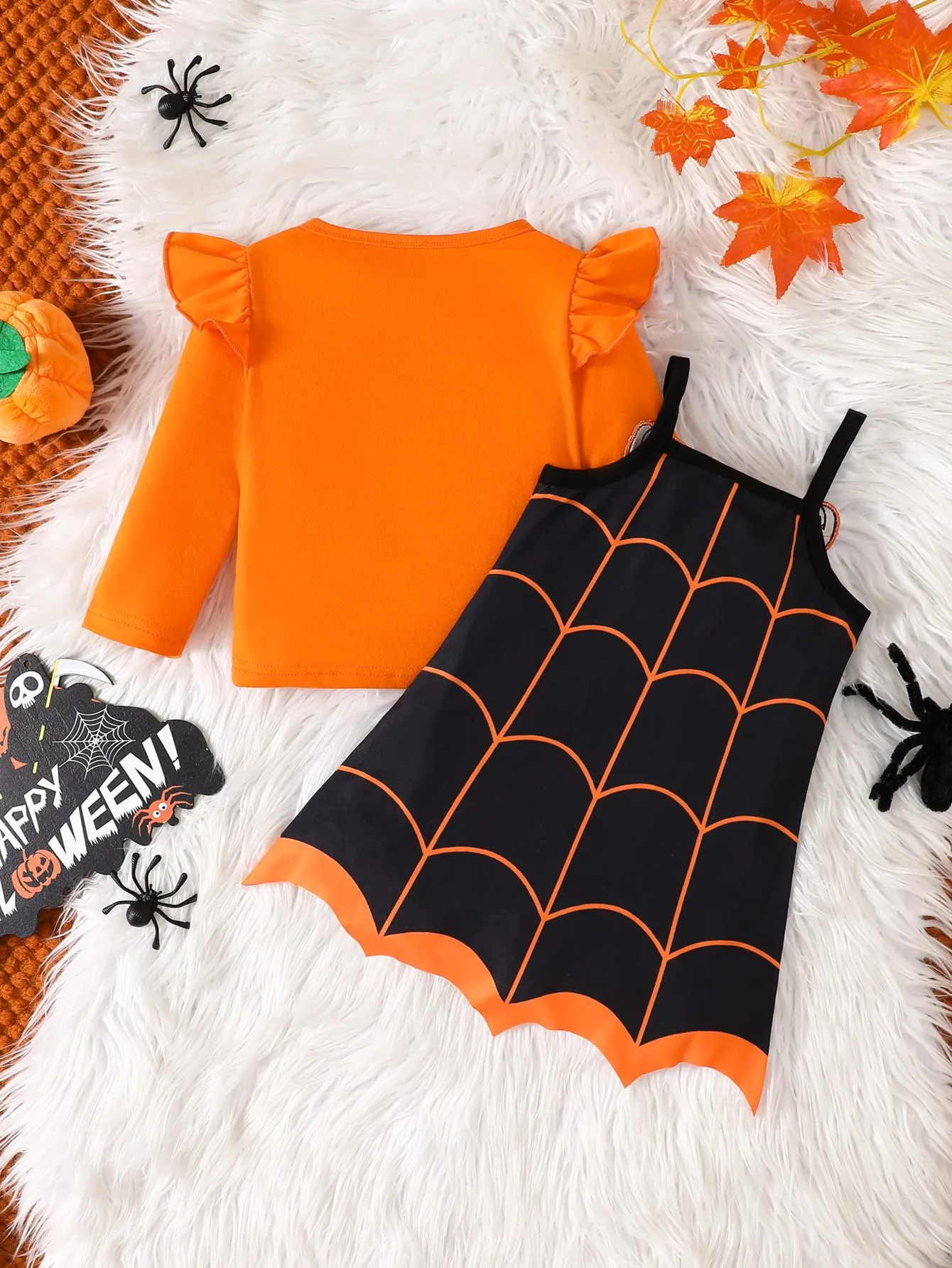 Halloween Yellow Pumpkin dress for Girls Cosplay Cute Toddlers Spider Witch Print Tutu Funny Two Piece Long Sleeve Party Dress