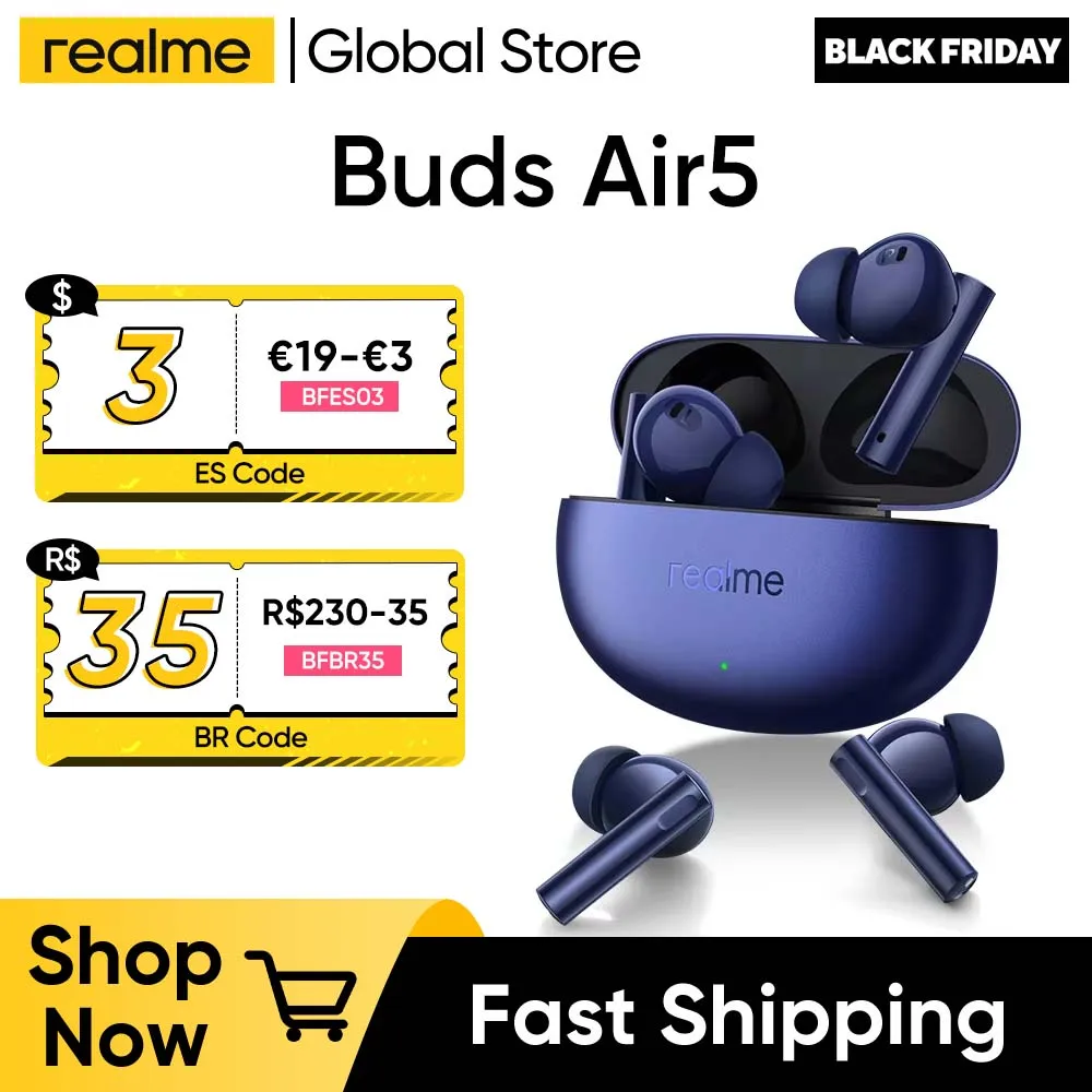 realme Buds Air 5 TWS Earphone 50dB Active Noise Cancellation Wireless Headphone 38Hour Battery Life Bluetooth5.3