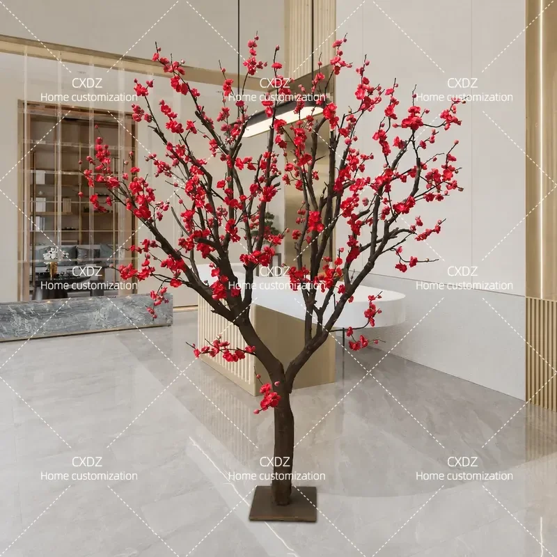 Simulation Red Plum Tree Artificial Blossom Stump Fake Flowering Plant for Living Room Hotel New Year Festival Home Decor