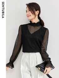 SENTUBILA Ruffle Neck Chiffon Blouses Women Sexy Long Sleeve See Through Shirt Woman Simple Slim Pullover Female Tops 133V51320