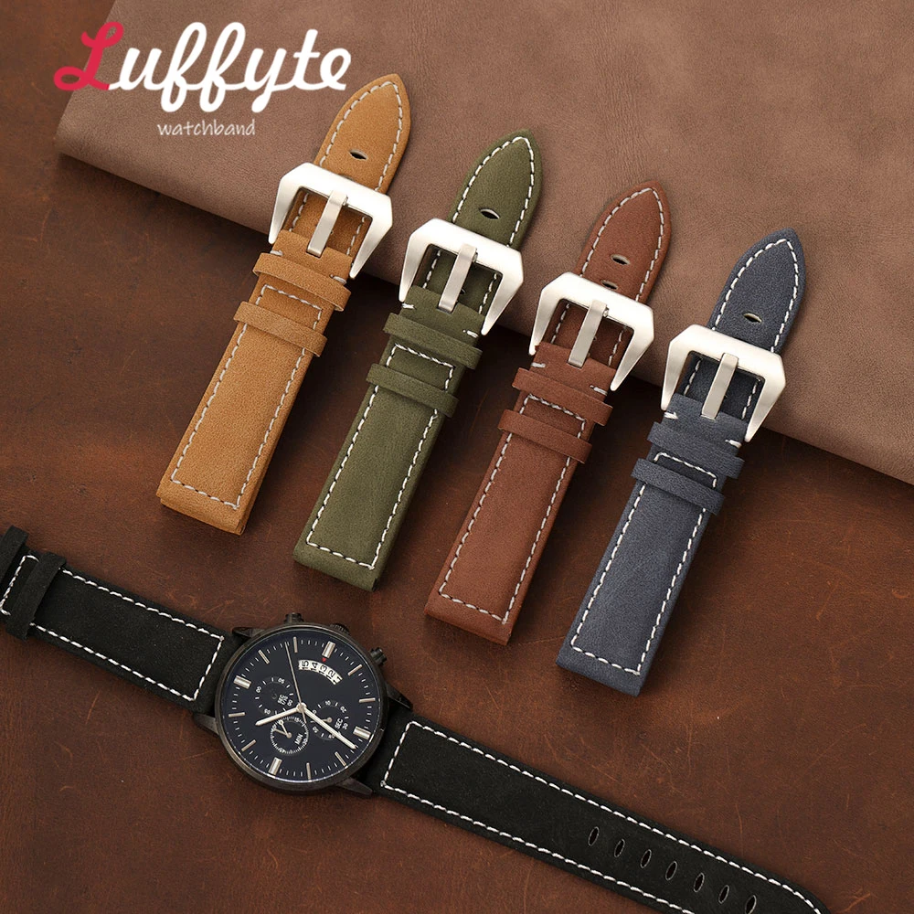 Men Synthetic Leather Watch Band 18mm 20mm 22mm 24mm Vintage Comfortable Replacement Frosted Watch Strap