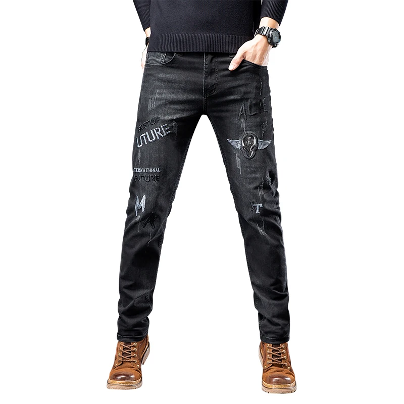 Embroidery Trend Black Jeans Men's Slim Stretch Handsome Menswear 2024 Autumn Street Fashion Skinny Trousers
