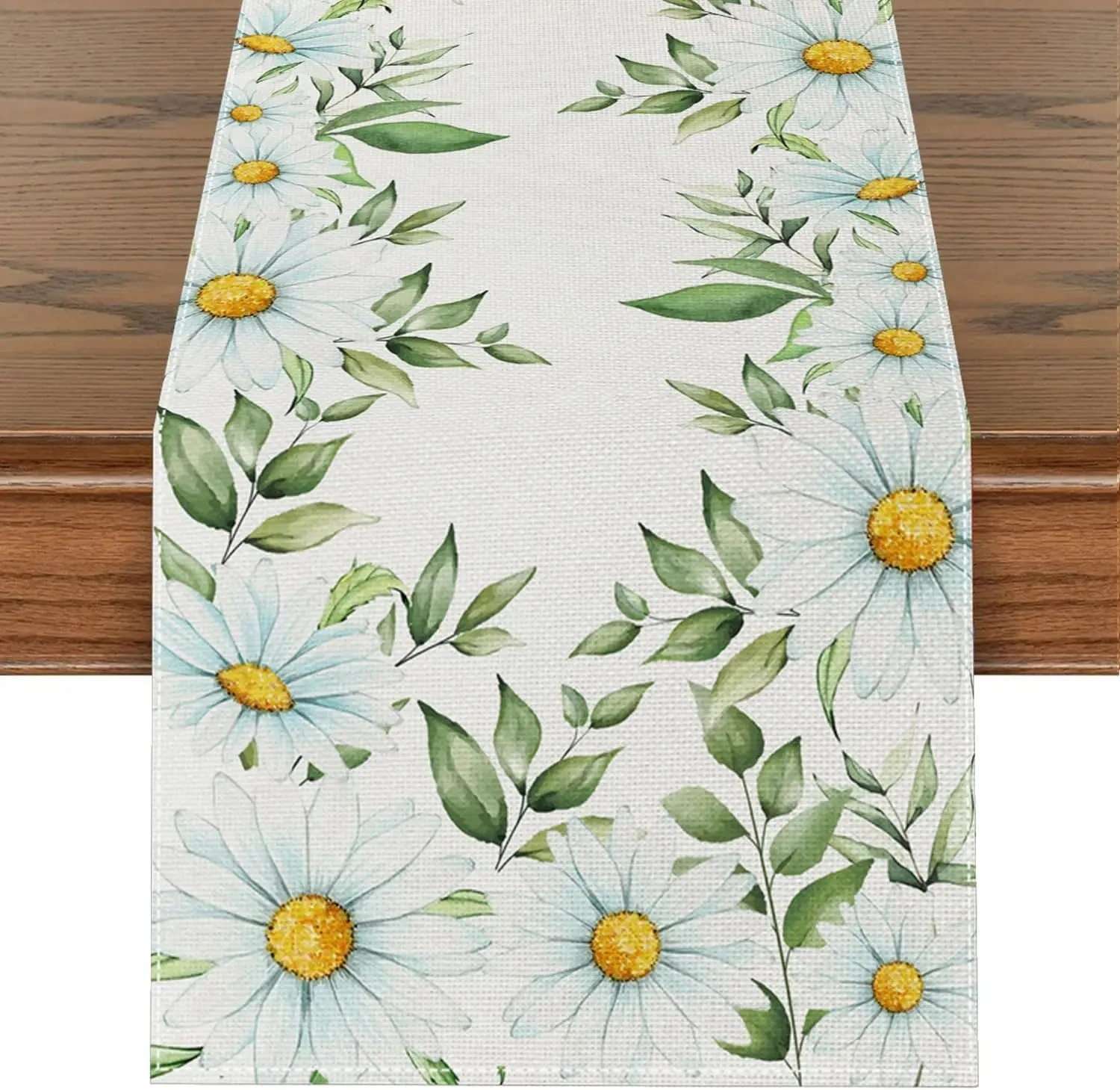 

Spring Daisy Eucalyptus Leaf Linen Table Runners Summer Watercolor Flower Kitchen Dining Home Decor Holiday Wedding Party Decor