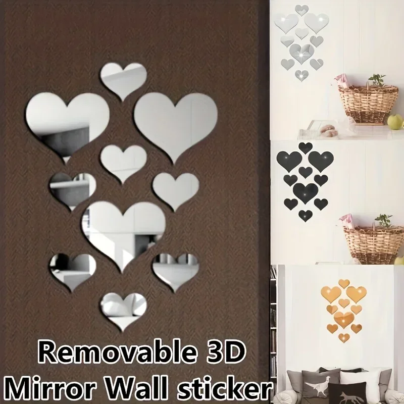 10pcs/set Love Live Laugh Wall Stickers Decals Silver Heart Mirror Wall Decor For Bedroom Living Room Diy Decoration