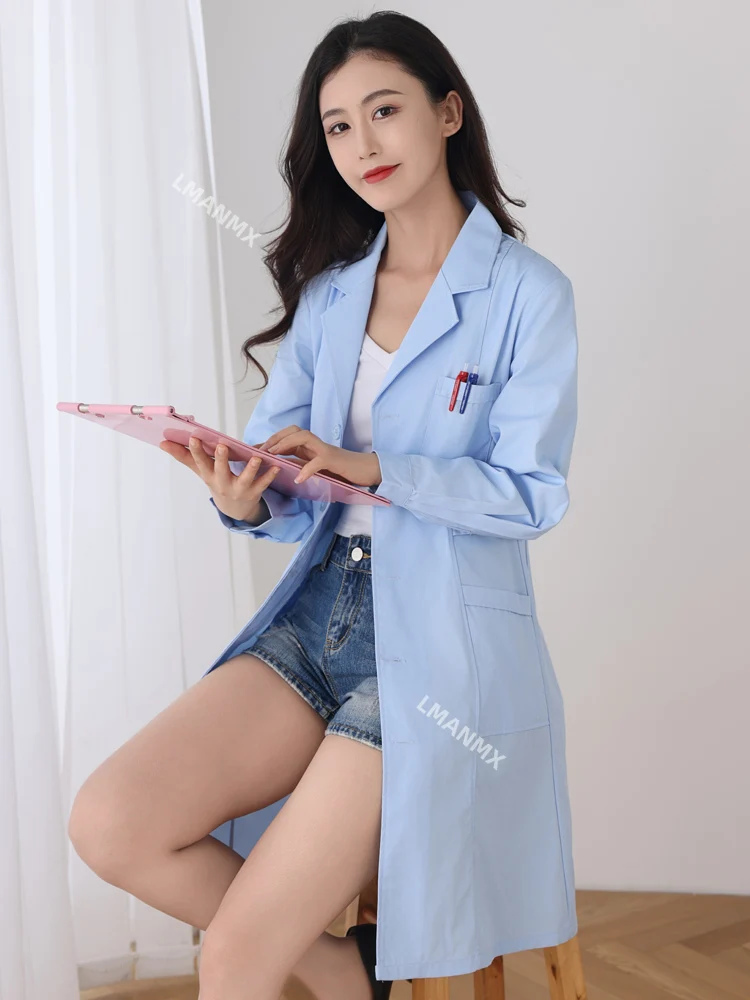 Nurse's long sleeved women's autumn and winter thick blue coat, pharmacy dentist's work clothes, laboratory clothes, white coat