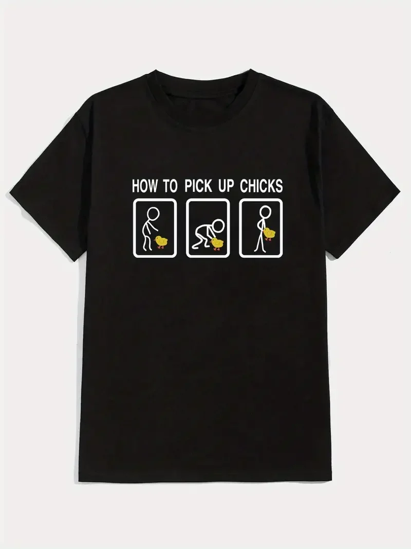 Funny Pattern How To Pick Up Chicks Print Men's T-shirt, Crew Neck Short Sleeve Tops, Graphic Tee Men's Summer Clothes