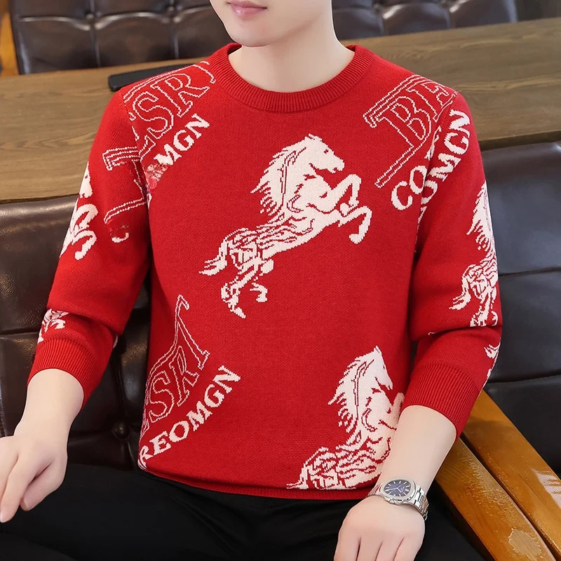 

2025 New Men's Knitted Sweater Couple Winter Clothes Year Red Knitwear Youth Thiened Soft Acrylic Cisas Sle