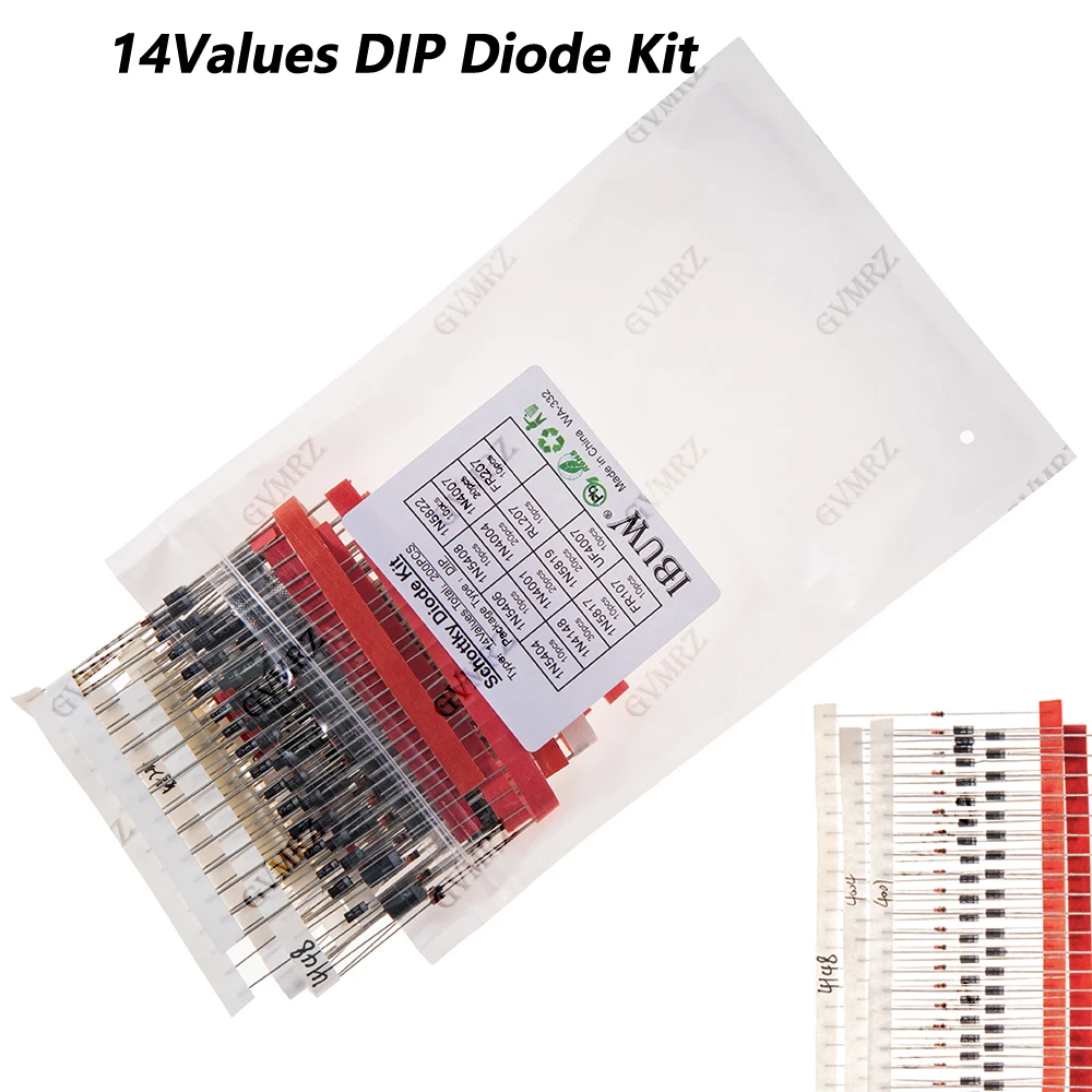 200PCS 14Values DIP Diode Kit 1N4148 1N4007 1N5404 for Electronics Projects 1N4007 1N5404