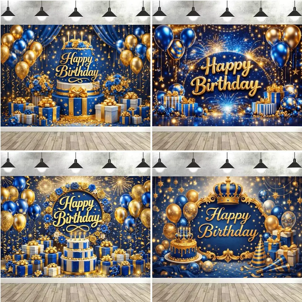 Toile de fond de luxe bleu or Joyeux Anniversaire, avec ballons scintillants élégants et gâteau, pour photographie royale, bannière pour hommes et garçons, accessoires photo