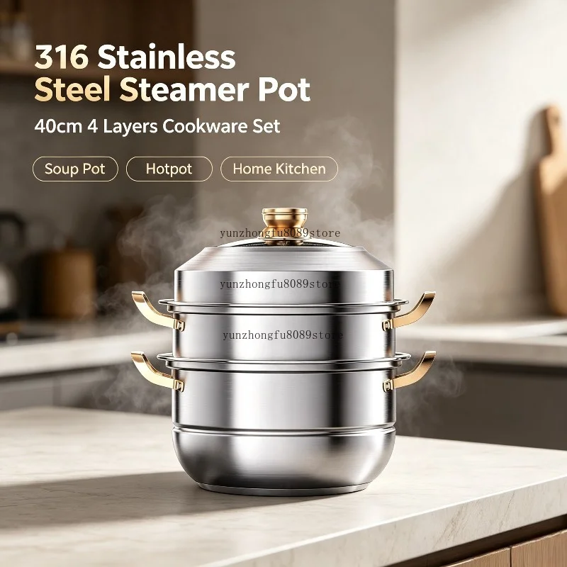 316 Stainless Steel 40cm 4 Layers Steamer Pot Multi-layer Steam Cooker Soup Hot Pot Cookware Set For Household Kitchen Cooking