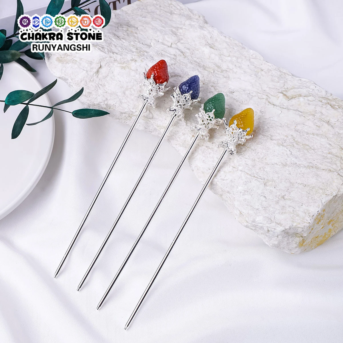 2pcs Natural Crystal Rose Hairpin, Rainbow Fluorite Raw Stone Carving, Garden Stake Decoration, Holiday Gift