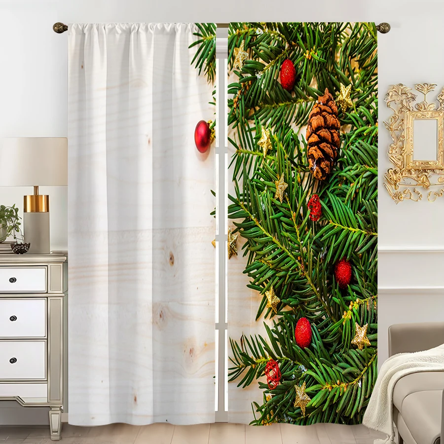2PCS Digital Print Curtain, Pine Branches with Pinecones and Red Ornament Balls, Gold Stars on White Wood, for Window Home Decor