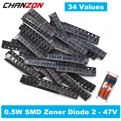 34 valores 0.5W SMD Zener Diodo Kit sortido 2V 3V 3.3V 3.6V 5.1V 5.6V 7.5V 10V 12V 13V 15V 16V 18V 20V 22V 24V 30V 36V 39V 47V