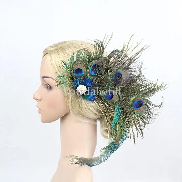 1920s Peacock Feather Fascinator Headband Clothing Hairpin Head Trim Side Clip Performance Party Event Accessories Bride