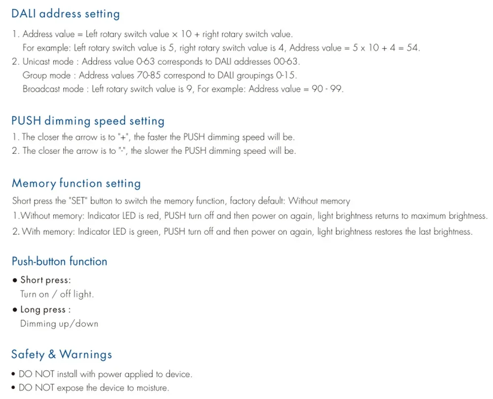 DA-P AC 100-240V LED Dimmer DALI Push Dimmer for DALI Driver or Ballasts Dimming Speed Adjustable with Memory Function Dimmer
