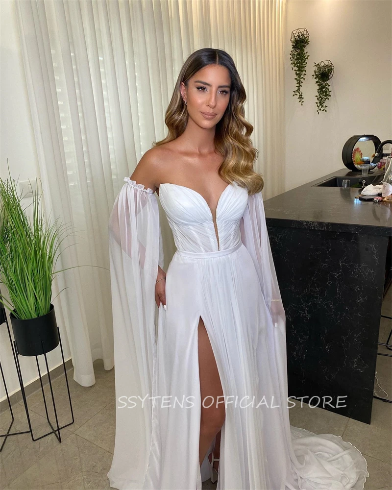 Charming Lady Chiffon Beach Wedding Dresses Side Slit Princess Bride Dress Jacket Sleeves Beach Bridal Gowns Robe de Mariage