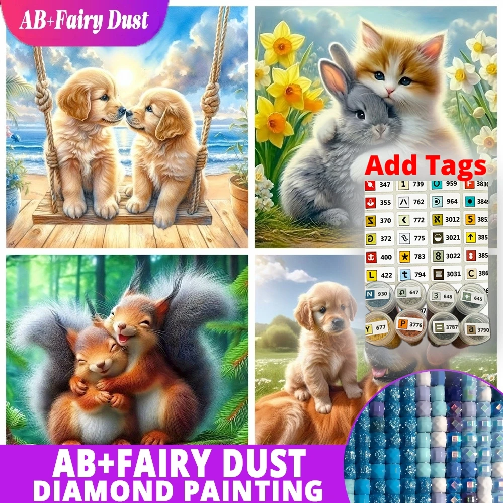 

AB Fairy Dust DMC stickers Dog Diamond Painting 4pcs Cat Rabbit Pattern for Adults Beginners Squirrel Mosaic Animal DIY Full Rou