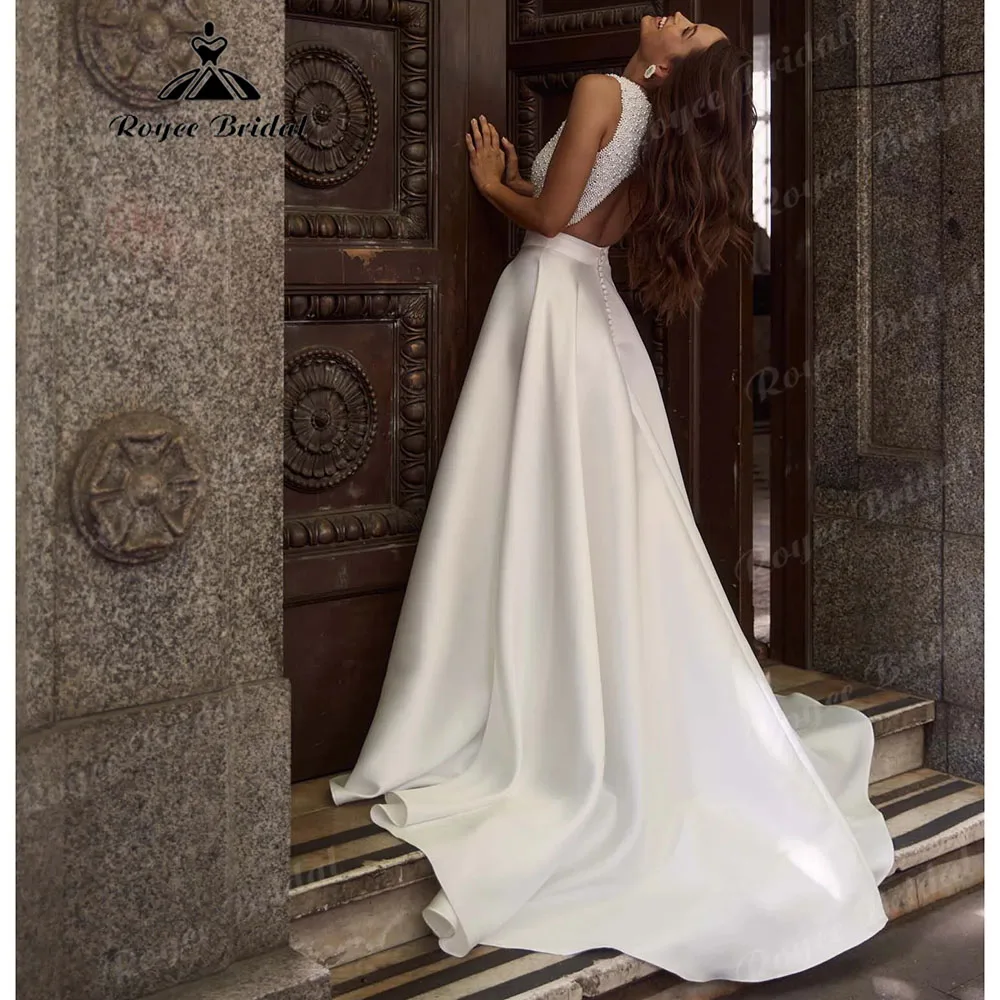 Two Piece Boat Neck All Pearl Beaded Wedding Dress Crop Top Satin A Line Deep Open Back Pearl Buttons Bridal Gown Customized