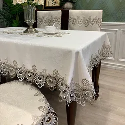 Tablecloth Dining Table Cloth European Rectangle Table Cover Round Embroidered Fabric Insulation Chair Cover Lace Cushion Set