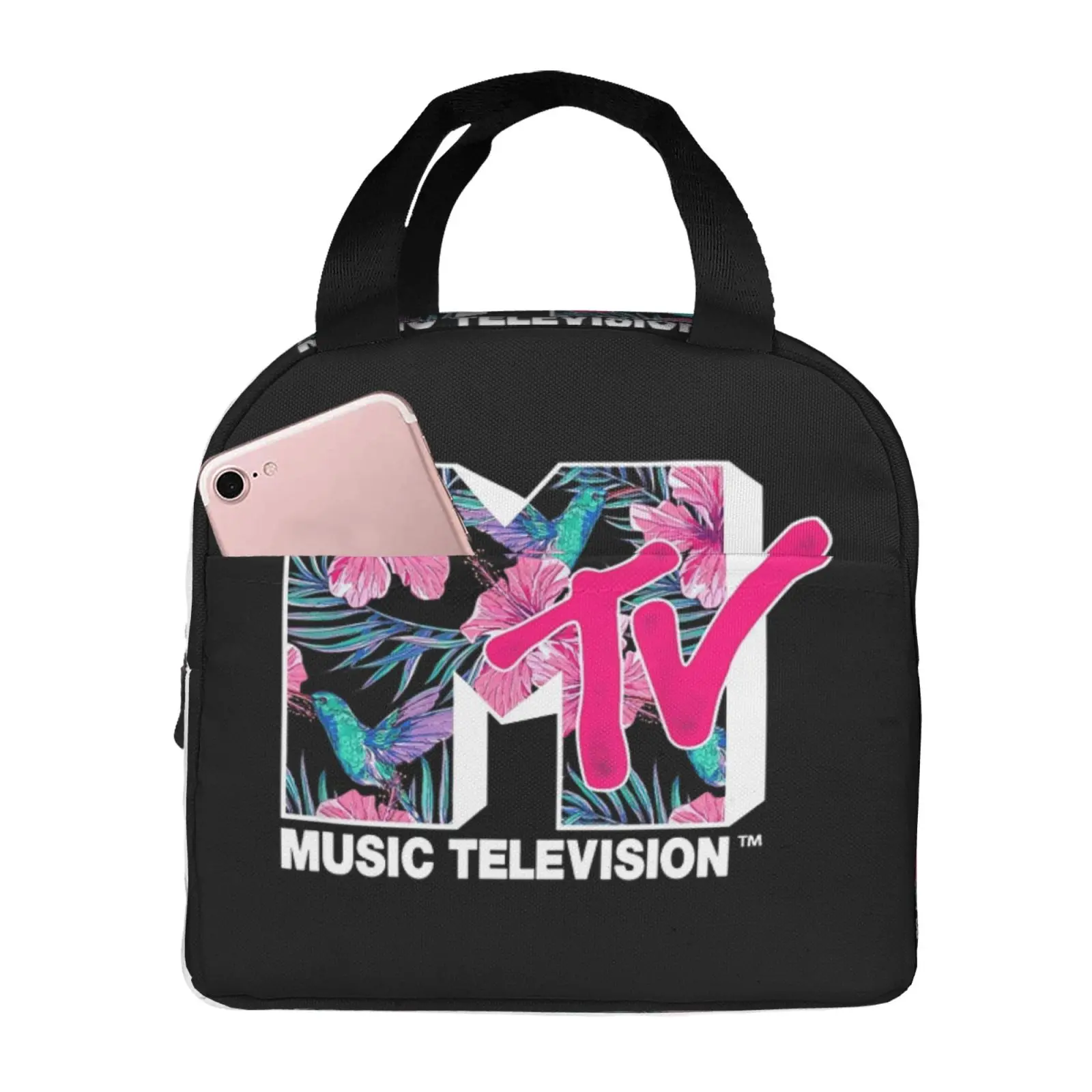 MTV Hummingbird Tropical Flower Logo Lunch Tote Bag Insulated Leakproof Lunch Box Container with Front Pocket for Girls Boys