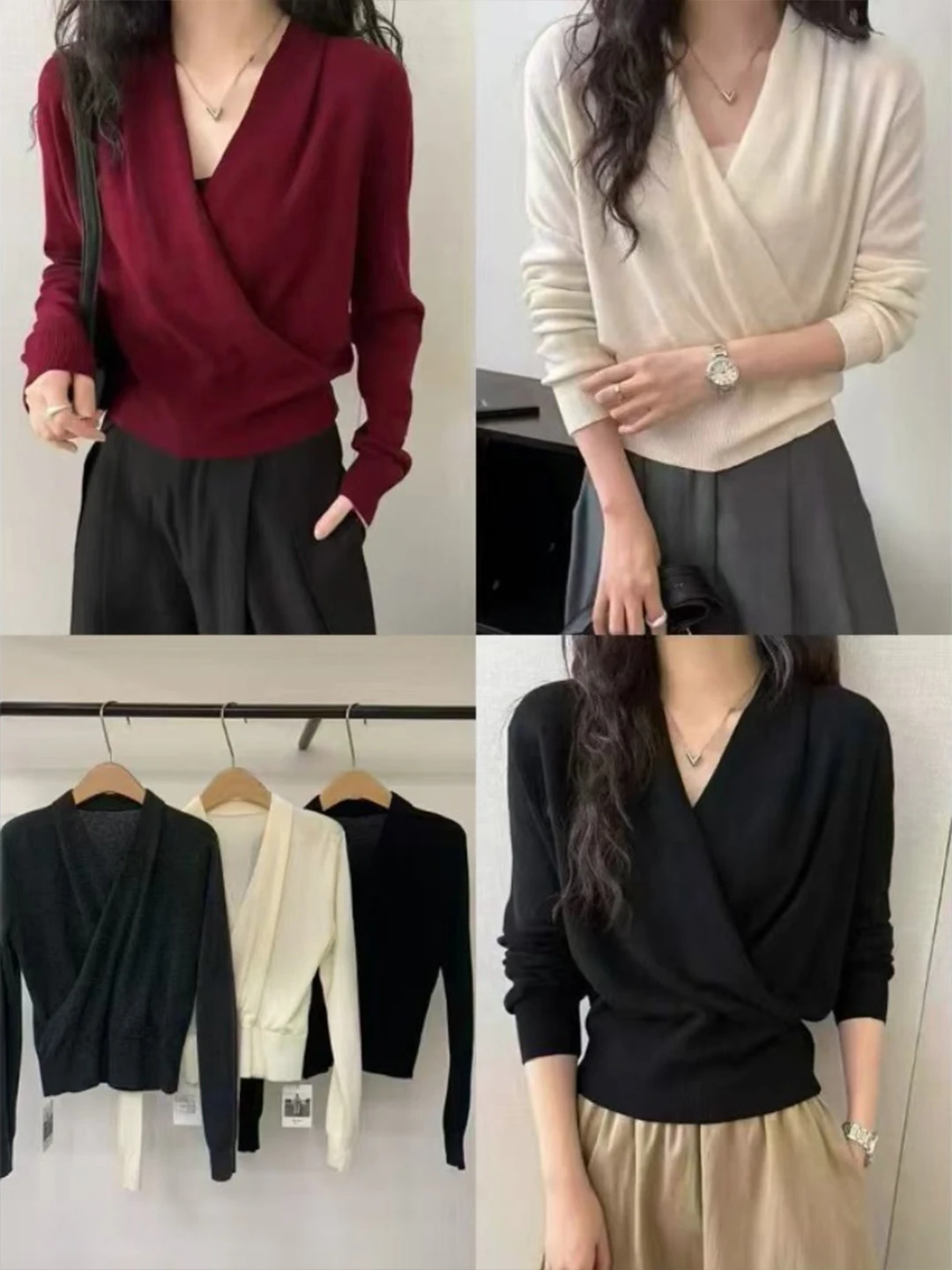 Elegant Cross V-Neck Knitted Top Women's Base Layer Waist-Cinched Long Sleeve Light Maturity Style Autumn Winter Inner Wear