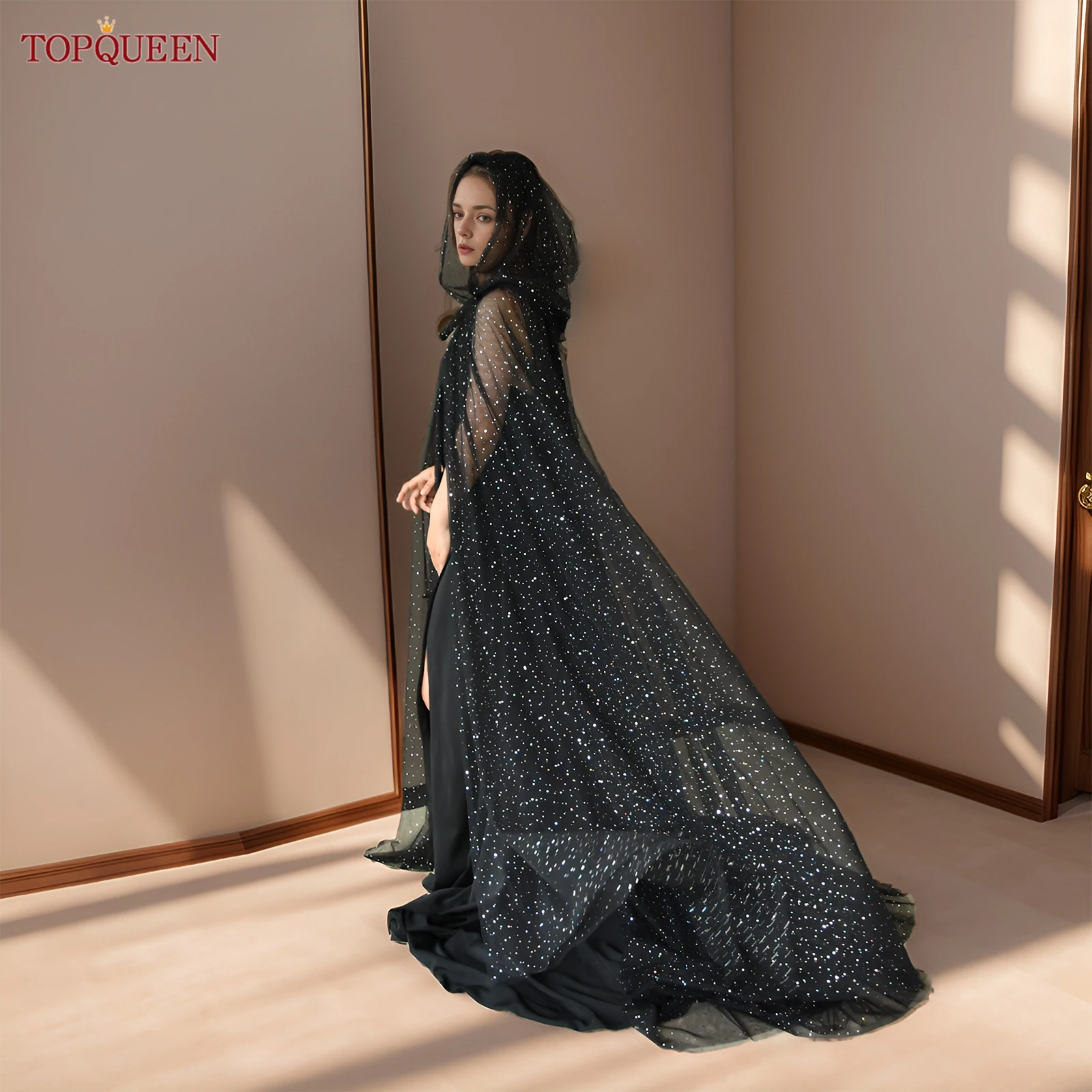 

TOPQUEEN Vg127 Женская длинная накидка с блестками, 2-слойная накидка с капюшоном, подарок на Хэллоуин, свадебный аксессуар, настраиваемый