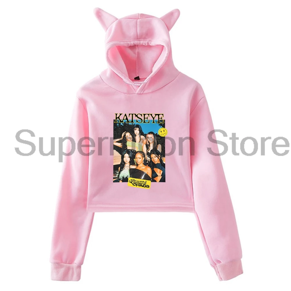 

Kpop Katseye красивая толстовка с изображением хаоса, толстовка с капюшоном и кошачьими ушками, укороченный топ с длинными рукавами, женская одежда
