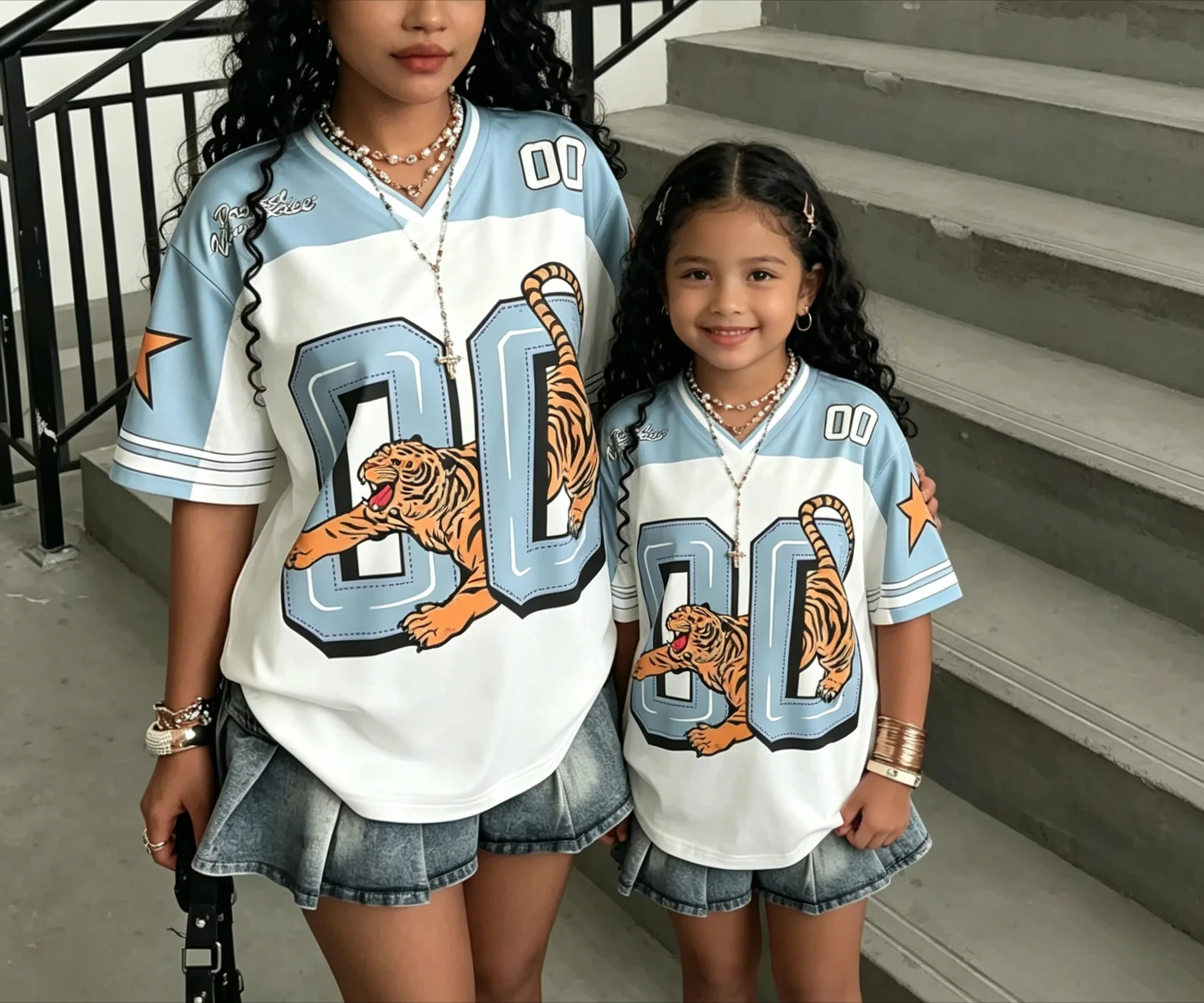 TIGER NUMBER Print V-Neck Short Sleeve T-Shirt Summer Baseball Jerseys Fashion Stripe Loose Ventilate Sport Tops Family Matching