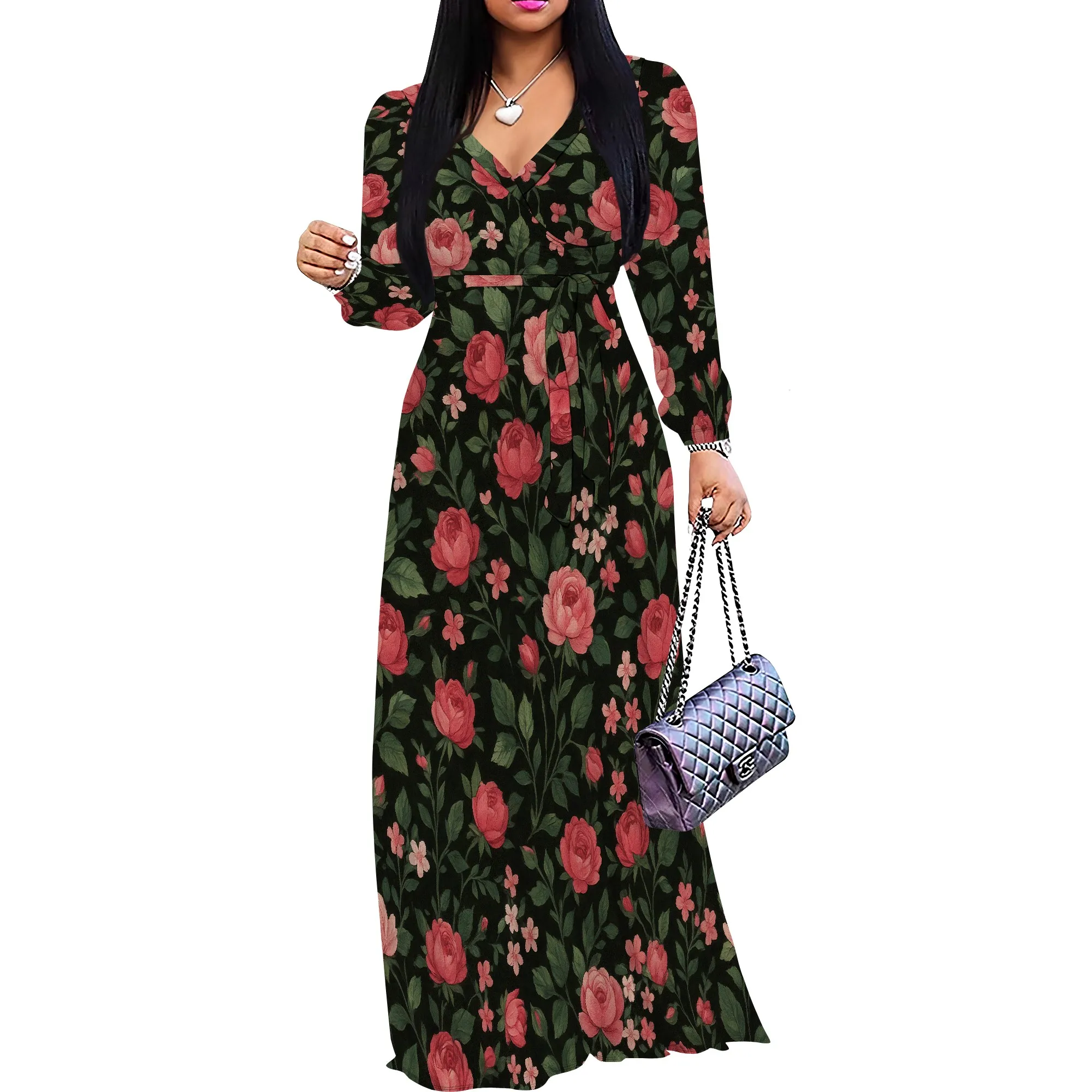 Abiti lunghi da donna con stampa floreale estivi con tasche Abito lungo casual con maniche 3/4 con scollo a V e cravatta in vita, M-3XL