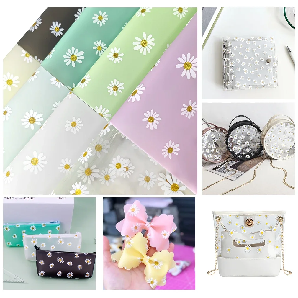 0.4mm Daisy Jelly Vinyl Fabric 46x135cm TPU Roll Printed Frosted Faux Leather Fabric For Making Handbags/Earring DIY Table Decor