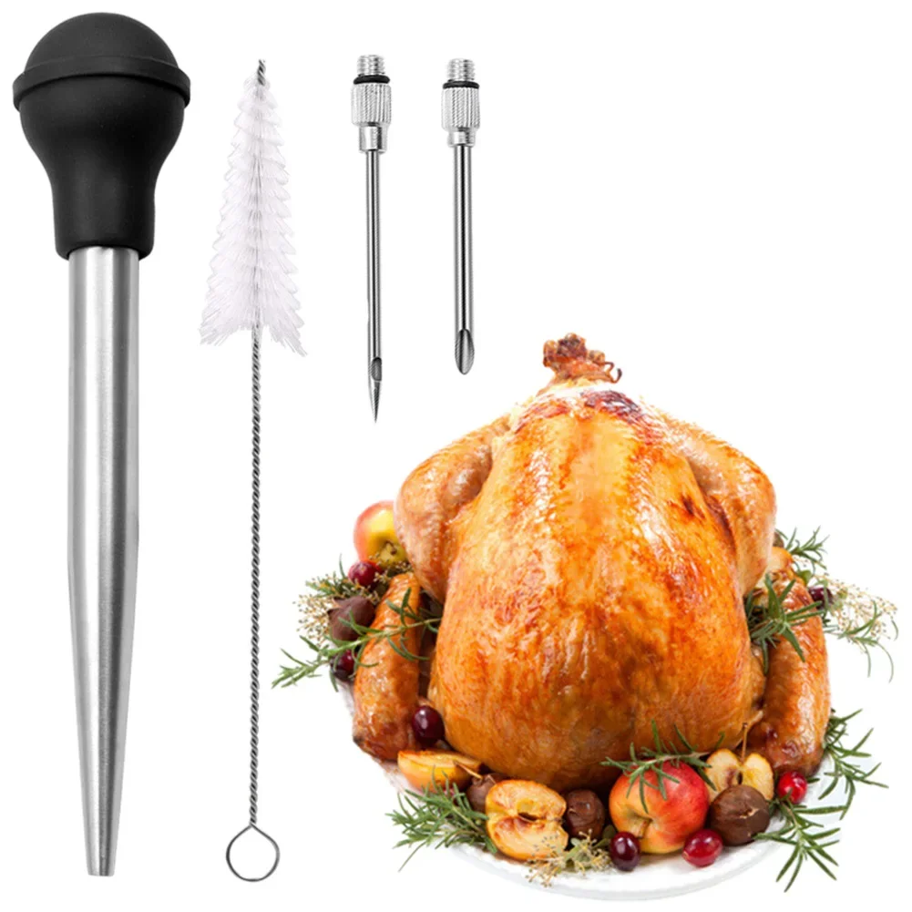 Stainless Steel Turkey Baster with Cleaning Brush Removable Meat Marinade Injector Turkey Needle Turkey Seasoning Pump BBQ Tool