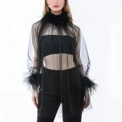 Ostrich Feather Sheer Mesh Pullover Top for Women Oversize Long Sleeve T Shirt  Holographic Blouse  Sex Top peach fuzz