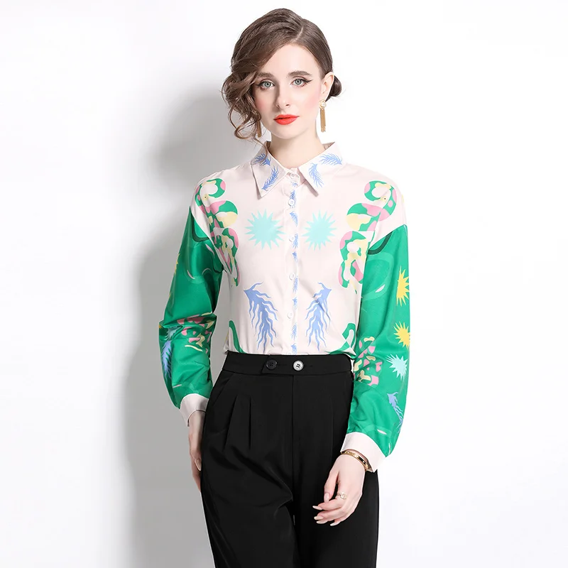 

Women's Shirts & Blouses Long Sleeve Camisas Elegant Print Casual Shirt Turn Down Collar Tops 2024 Europe Fashion Blusas Female