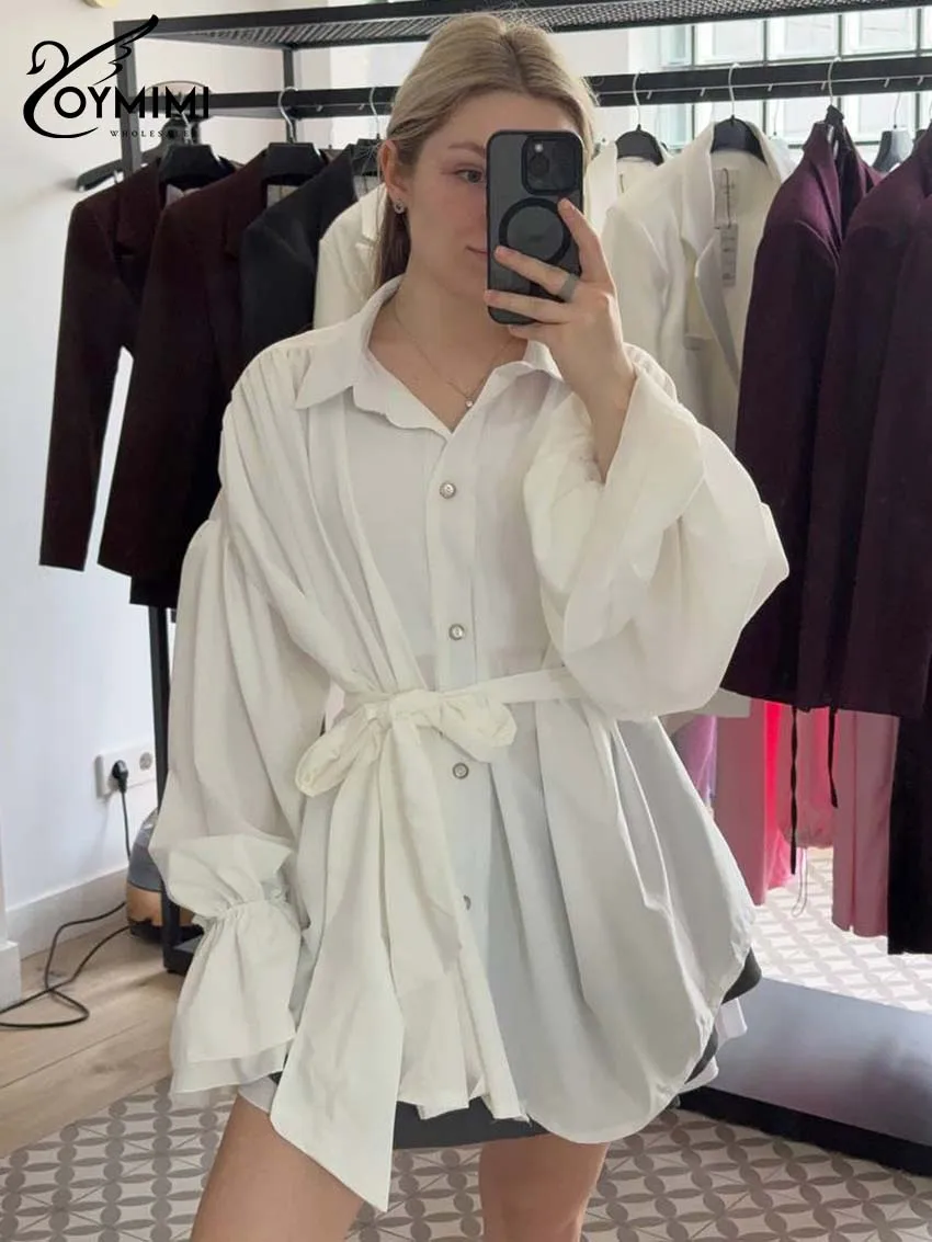 

Модная белая женская рубашка Oymimi: элегантная блузка с отложным воротником, длинным рукавом, на пуговицах, повседневная, с завязками, свободного кроя, в уличном стиле